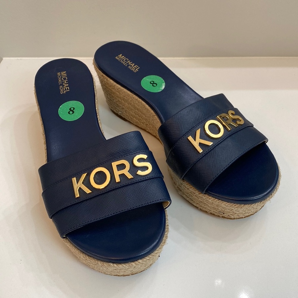 Michael Kors Navy leather and jute wedge sandals, size 8.